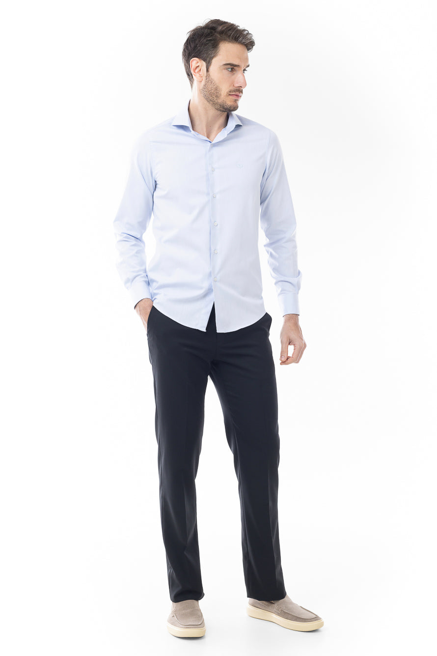 Camisa Manga Longa Lisa Sarjada - Azul Claro