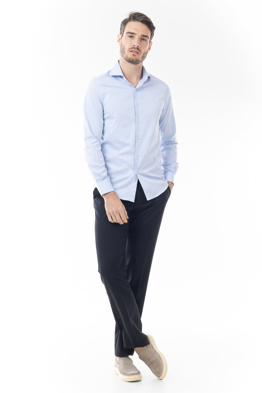 Camisa Manga Longa Lisa Sarjada - Azul Medio