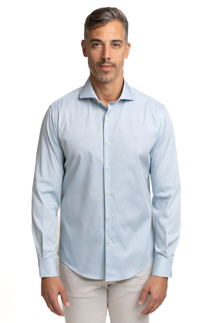 Camisa Algodão Slim Colarinho Italiano - Azul Mar