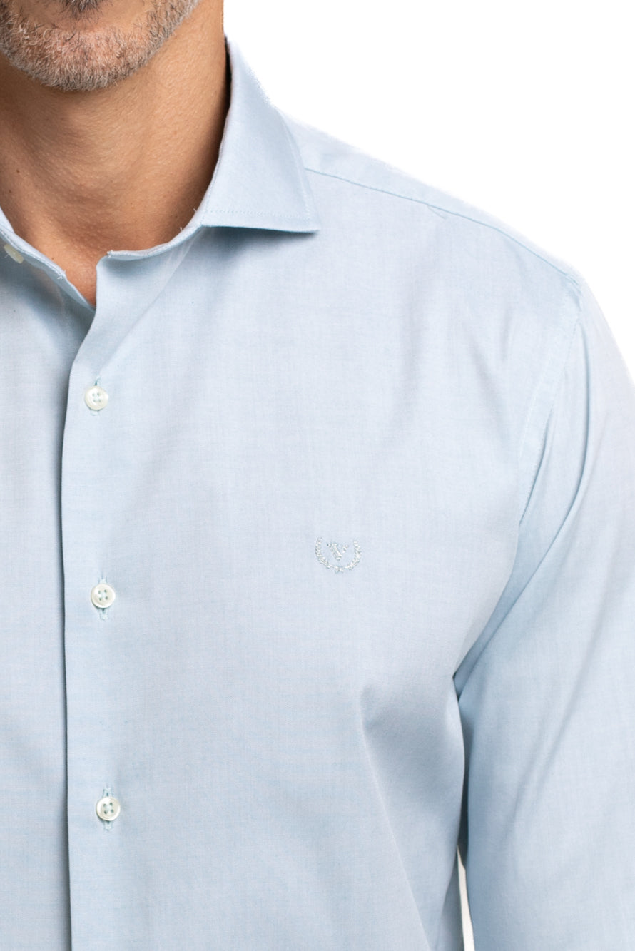 Camisa Algodão Slim Colarinho Italiano - Azul Mar