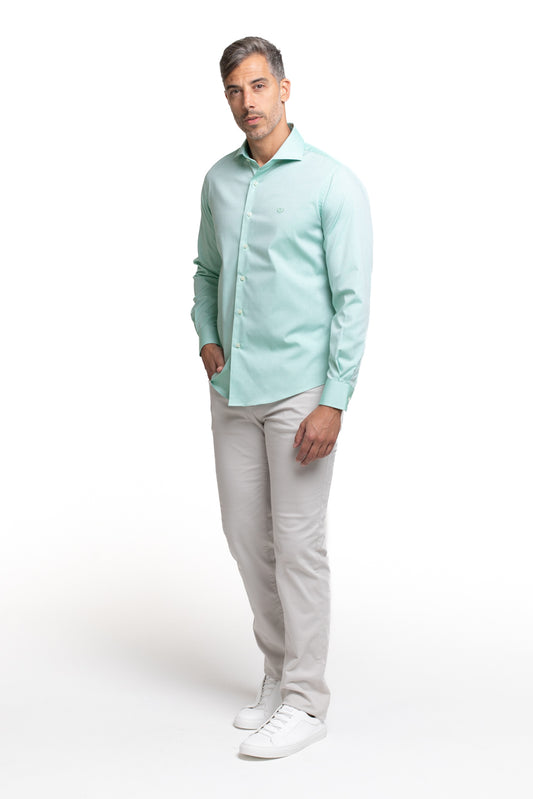 Camisa Algodão Slim Colarinho Italiano - Verde Claro