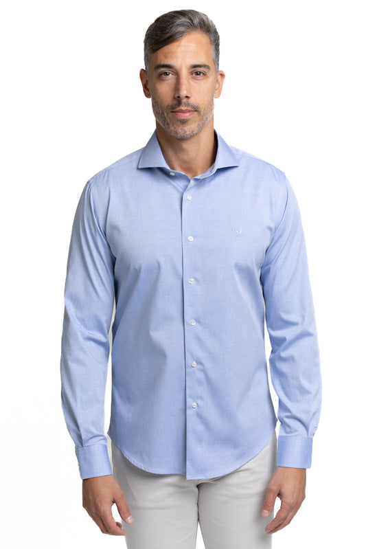 Camisa Algodão Slim Colarinho Italiano - Azul Medio