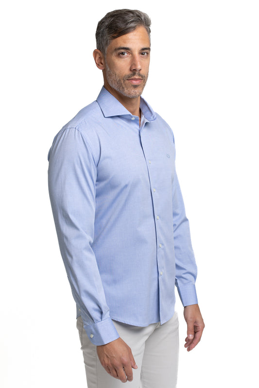 Camisa Algodão Slim Colarinho Italiano - Azul Medio