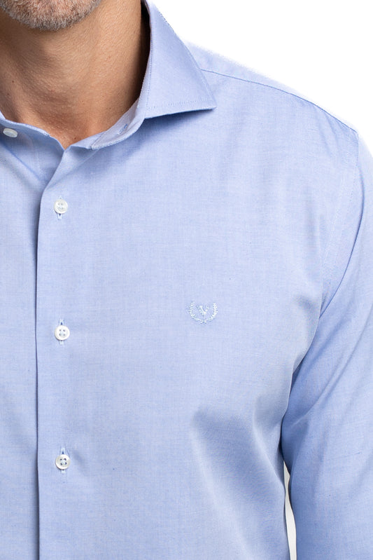 Camisa Algodão Slim Colarinho Italiano - Azul Medio