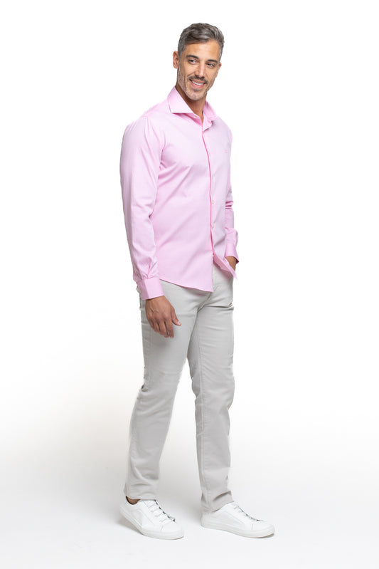 Camisa Algodão Slim Colarinho Italiano - Rosa