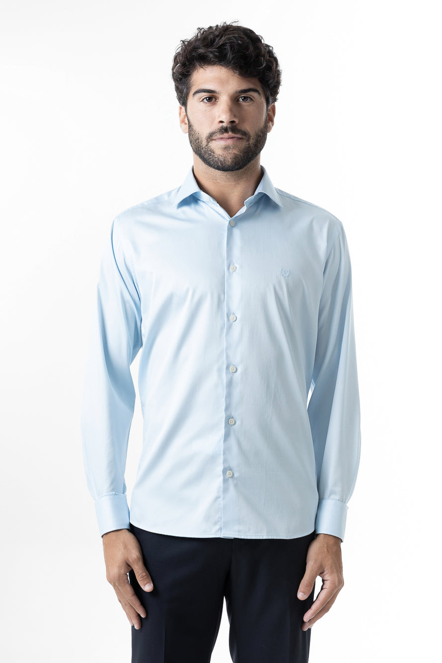 Camisa Manga Longa Slim Lisa Cetim - Azul Claro