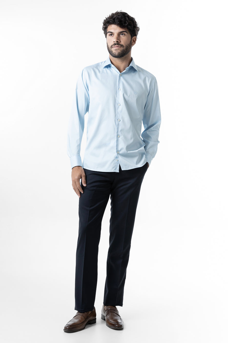 Camisa Manga Longa Slim Lisa Cetim - Azul Claro