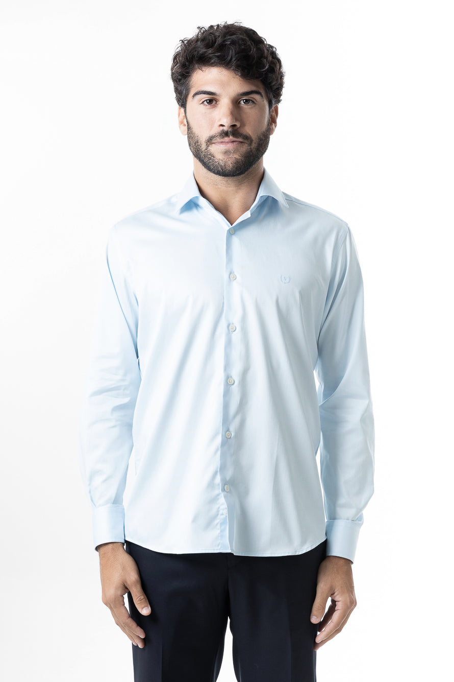 Camisa Manga Longa Slim Lisa Cetim - Azul Sereno