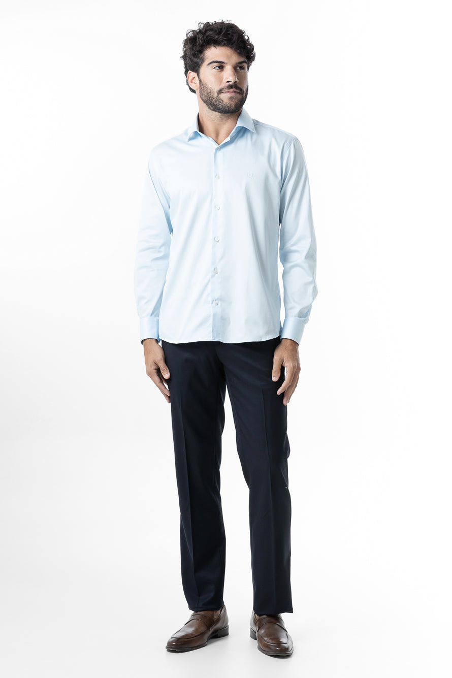 Camisa Manga Longa Slim Lisa Cetim - Azul Sereno