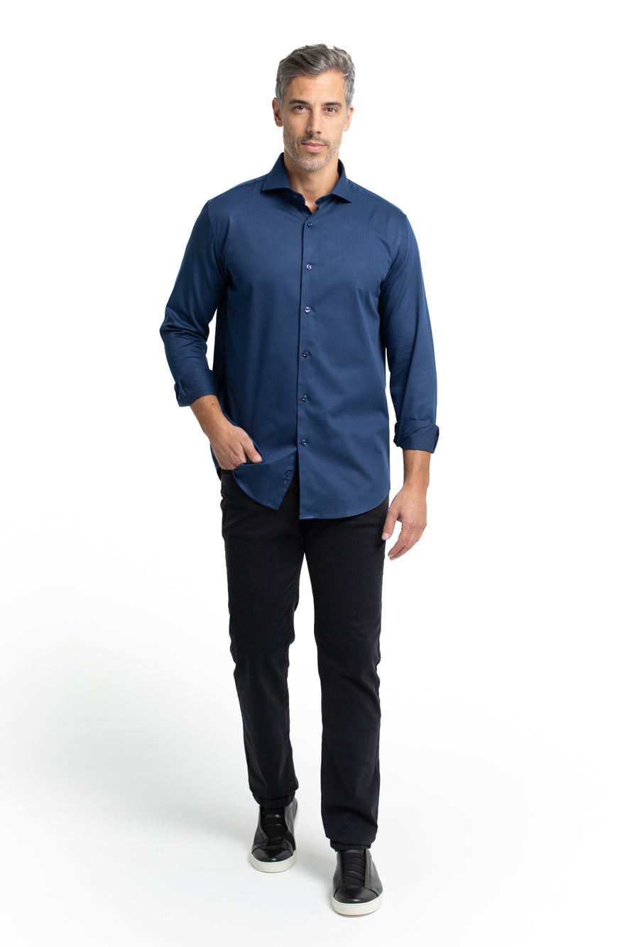 Camisa Cetim Lisa De Algodão Slim - Marinho