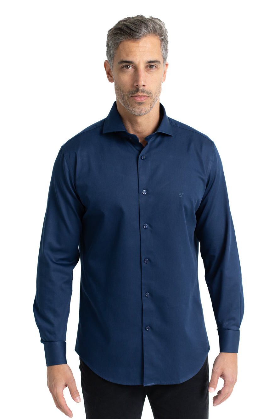 Camisa Cetim Lisa De Algodão Slim - Marinho