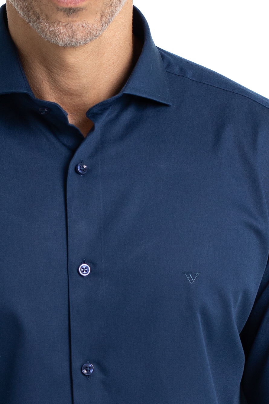 Camisa Cetim Lisa De Algodão Slim - Marinho