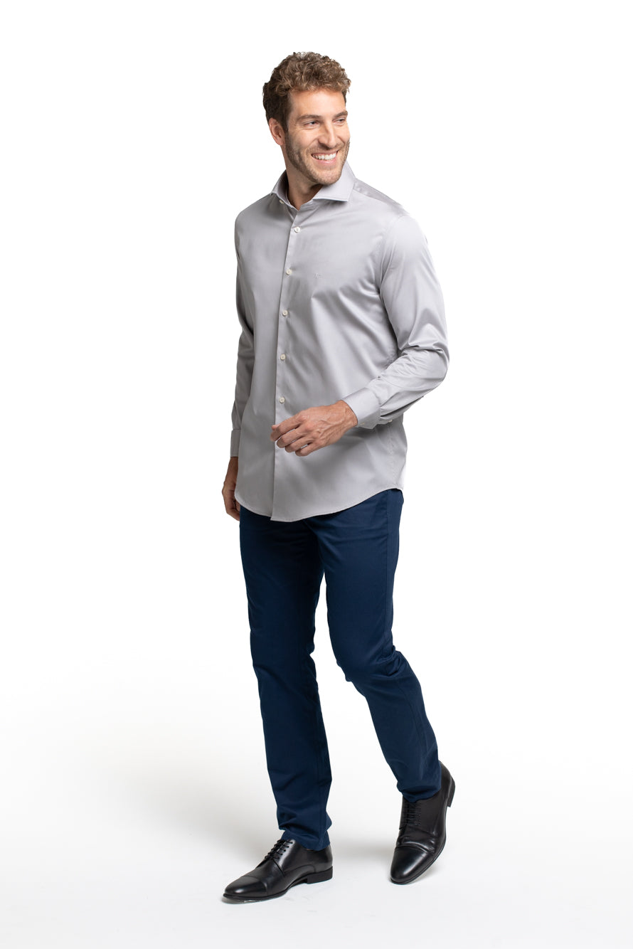Camisa Cetim Lisa De Algodão Slim - Cinza