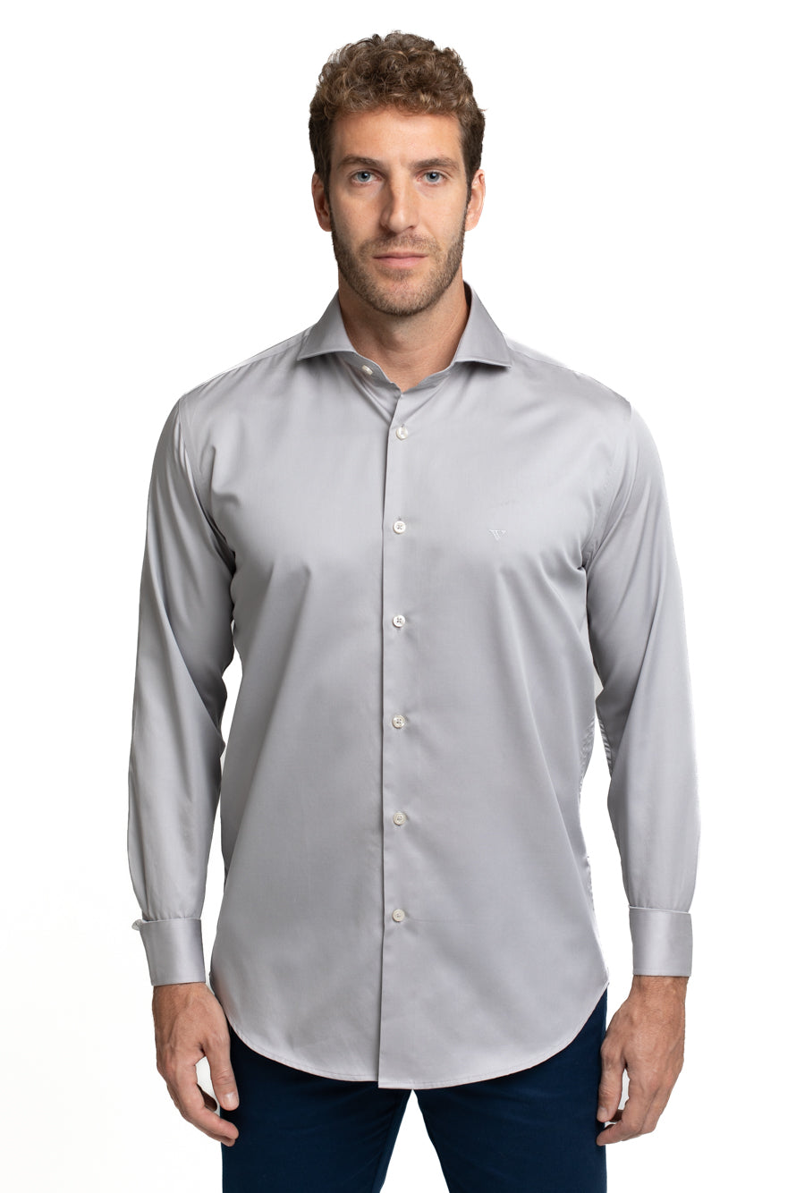 Camisa Cetim Lisa De Algodão Slim - Cinza