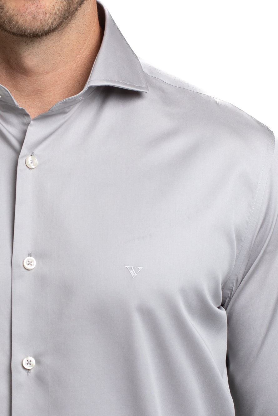 Camisa Cetim Lisa De Algodão Slim - Cinza