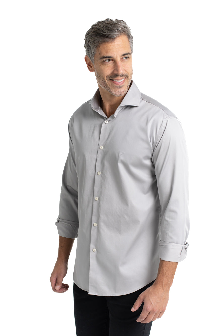 Camisa Lisa Slim Manga Longa - Cinza
