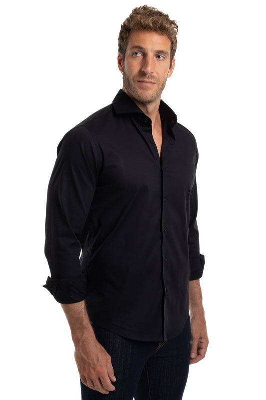 Camisa Lisa Slim Cetim Strech - Preto