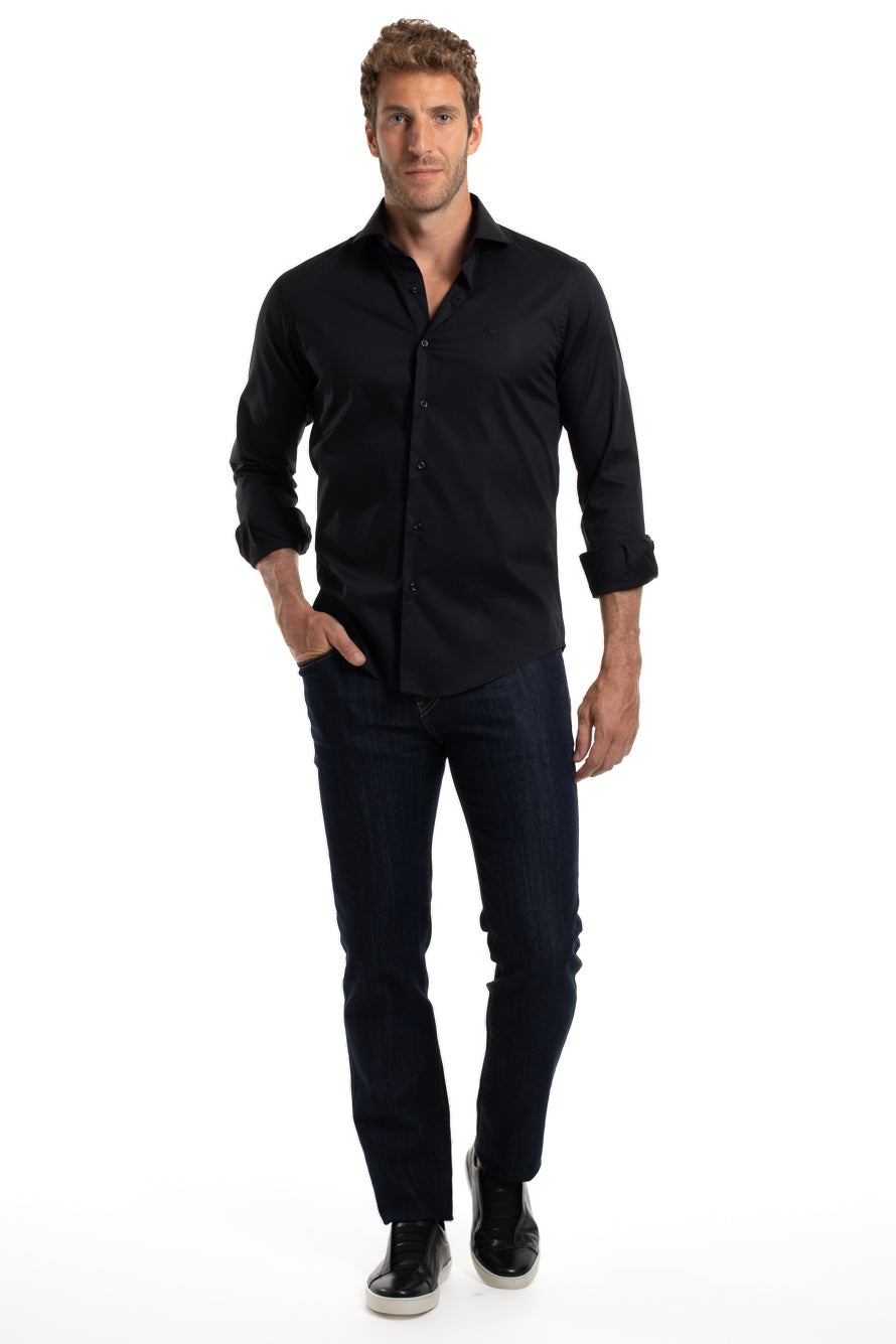 Camisa Lisa Slim Cetim Strech - Preto