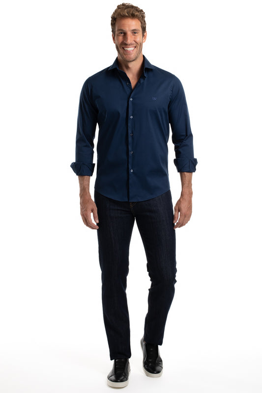 Camisa Lisa Slim Cetim Strech - Azul Escuro
