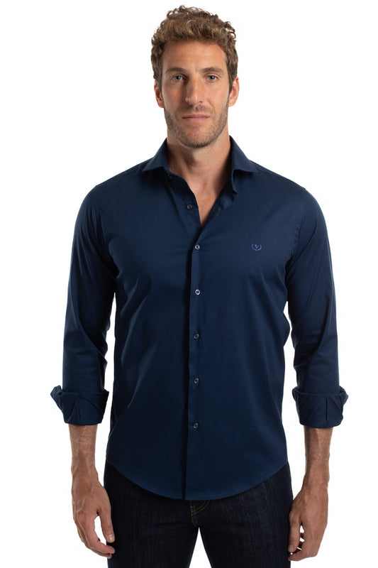 Camisa Lisa Slim Cetim Strech - Azul Escuro