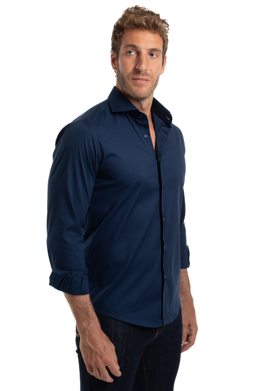 Camisa Lisa Slim Cetim Strech - Azul Escuro