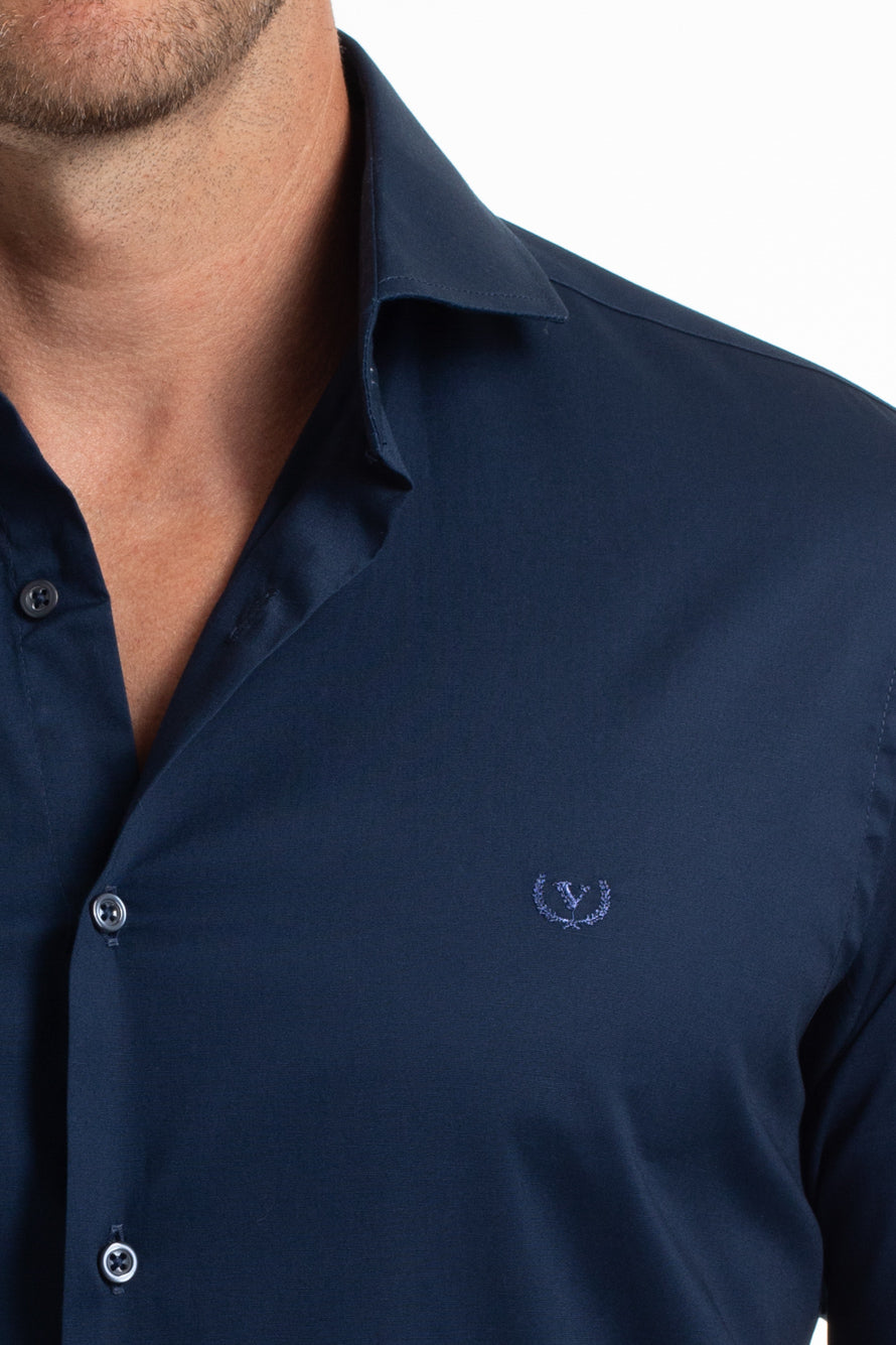 Camisa Lisa Slim Cetim Strech - Azul Escuro