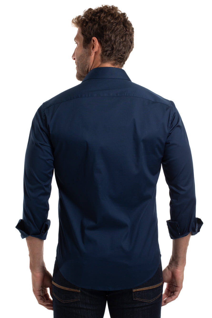 Camisa Lisa Slim Cetim Strech - Azul Escuro