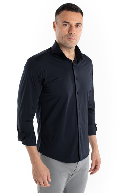 Camisa Manga Longa Slim Malha Poliamida - Marinho Noite