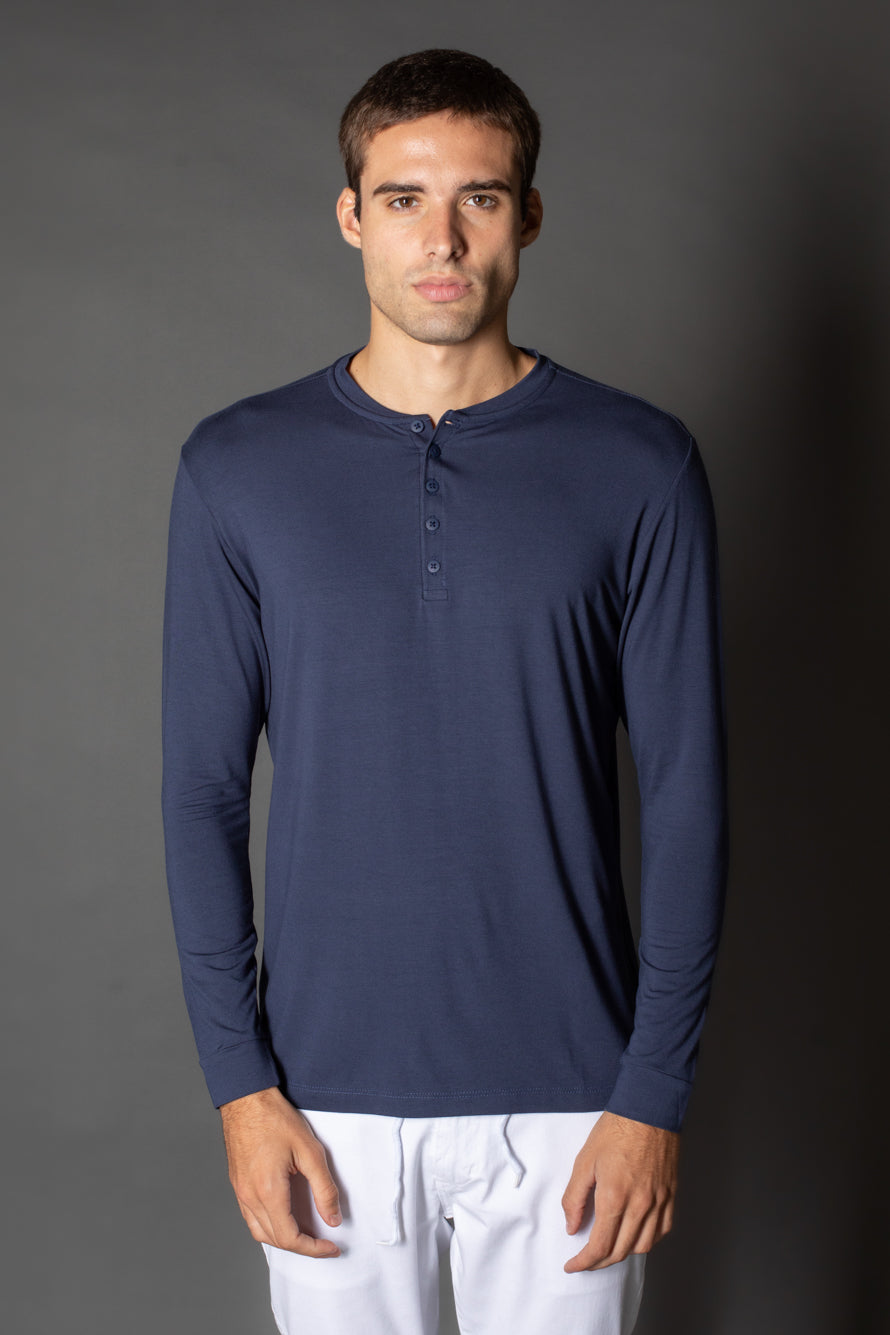 Camiseta Manga Longa Slim Gola Portuguesa 5 Botões - Marinho