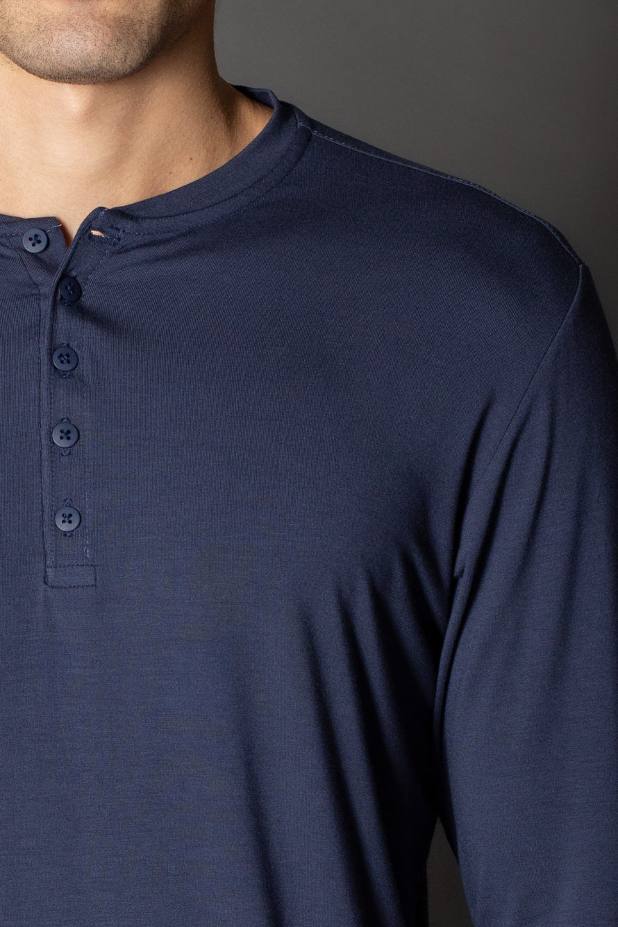 Camiseta Manga Longa Slim Gola Portuguesa 5 Botões - Marinho