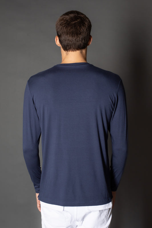 Camiseta Manga Longa Slim Gola Portuguesa 5 Botões - Marinho