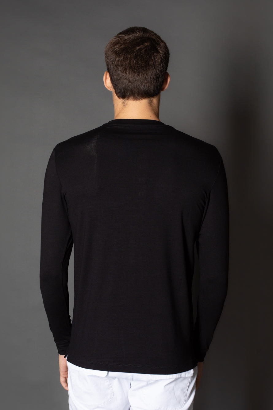 Camiseta Manga Longa Slim Gola Portuguesa 5 Botões - Preto