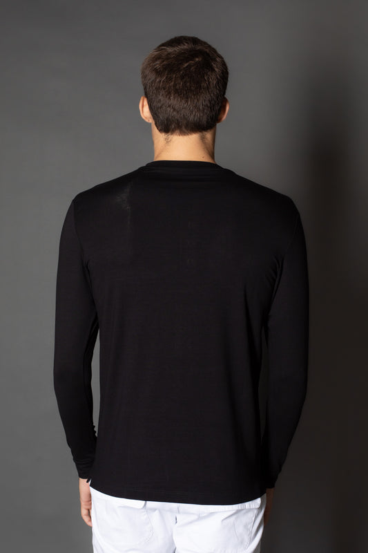 Camiseta Manga Longa Slim Gola Portuguesa 5 Botões - Preto