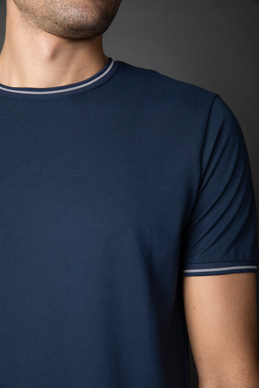 Camiseta Manga Curta Slim Pique Friso Duplo - Marinho