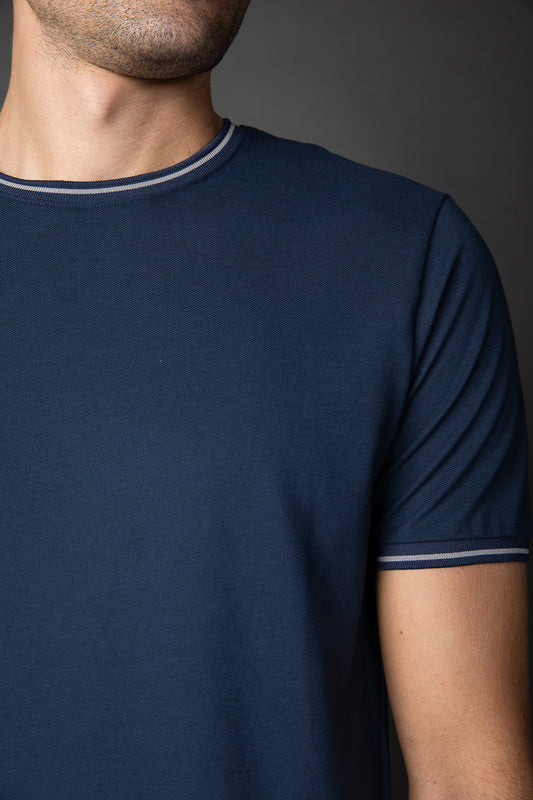 Camiseta Manga Curta Slim Pique Friso Duplo - Marinho