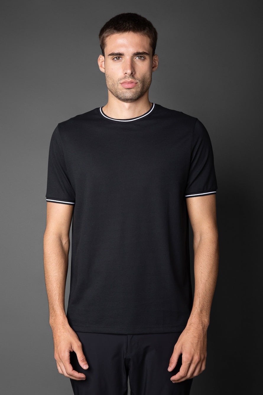Camiseta Manga Curta Slim Pique Friso Duplo - Preto