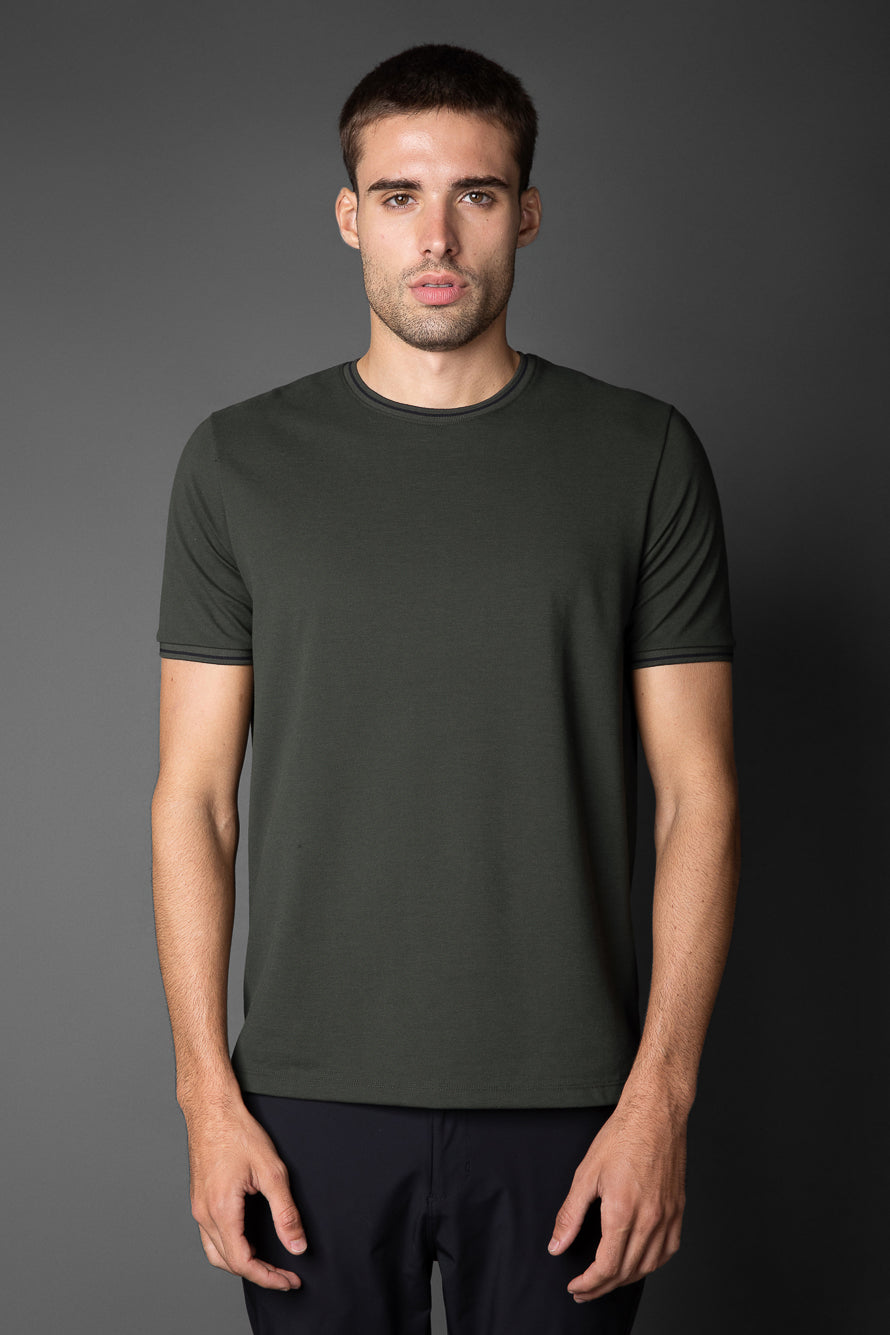 Camiseta Manga Curta Slim Pique Friso Duplo - Verde Escuro