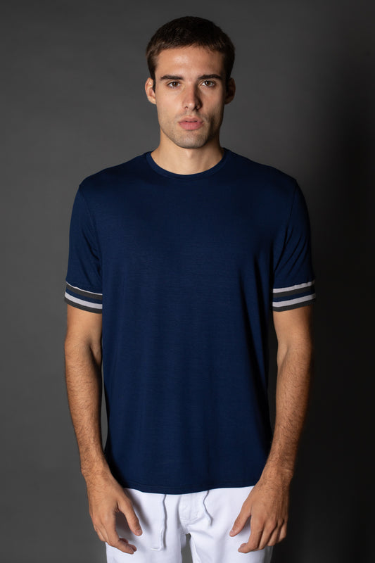 Camiseta Manga Curta Slim Faixa Manga - Marinho