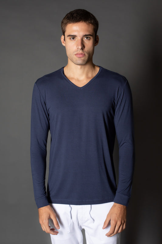Camiseta Manga Longa Gola Slim Gola v Corte a Fio - Marinho