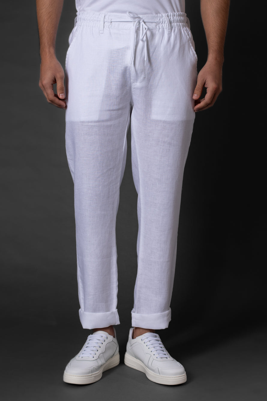 Calça Slim Linho Bolso Faca Com Cordão Interno - Branco