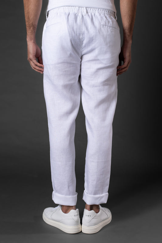 Calça Slim Linho Bolso Faca Com Cordão Interno - Branco