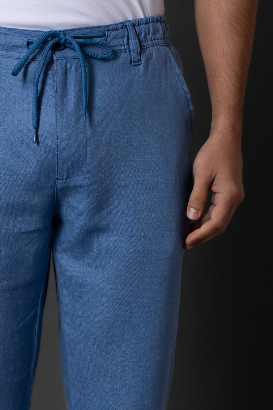 Calça Slim Linho Bolso Faca Com Cordão Interno - Marinho