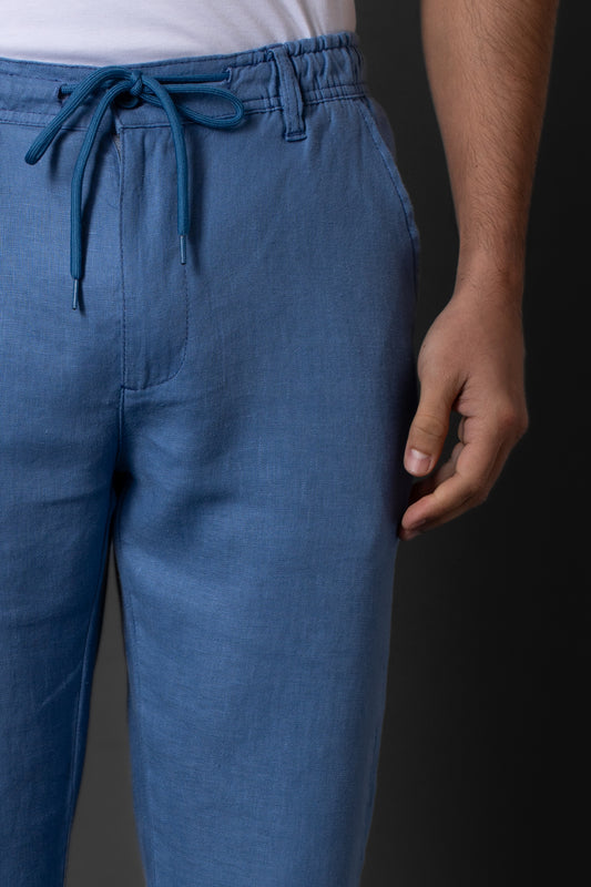Calça Slim Linho Bolso Faca Com Cordão Interno - Marinho