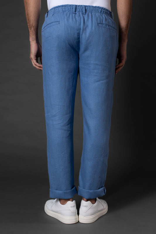 Calça Slim Linho Bolso Faca Com Cordão Interno - Marinho