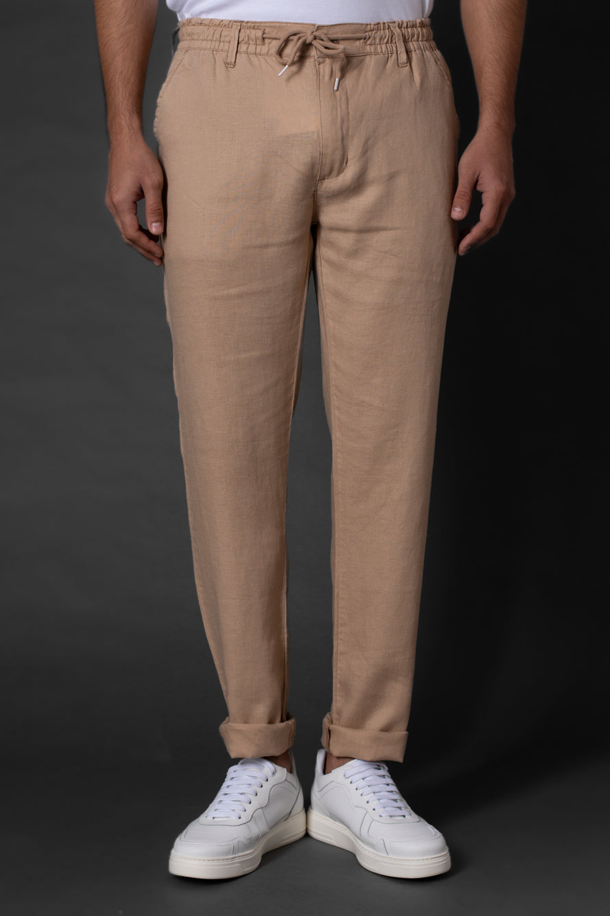 Calça Slim Linho Bolso Faca Com Cordão Interno - Bege