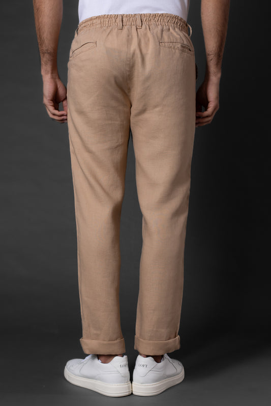 Calça Slim Linho Bolso Faca Com Cordão Interno - Bege