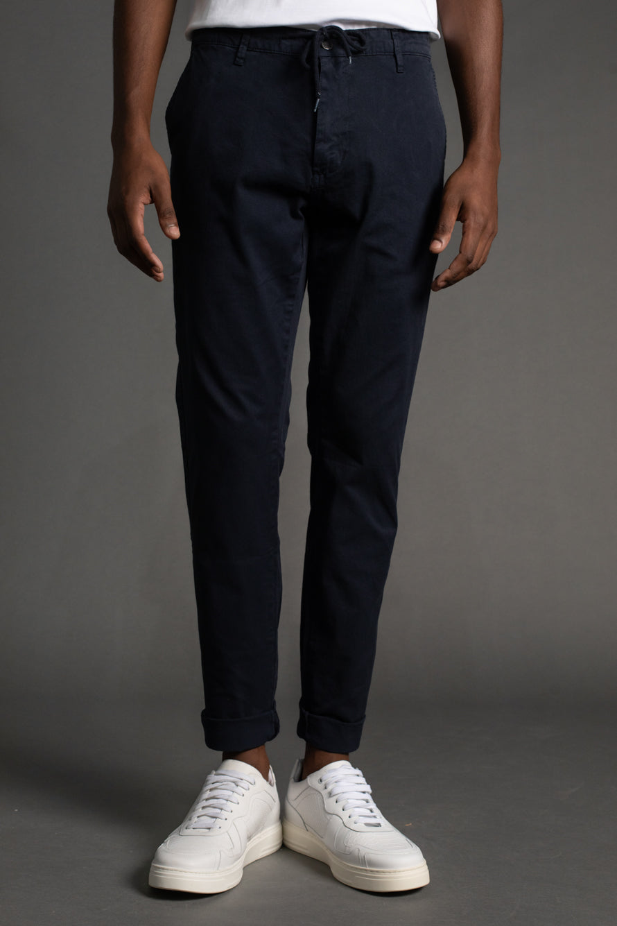 Calça Chino Slim Com Cordão - Azul Escuro