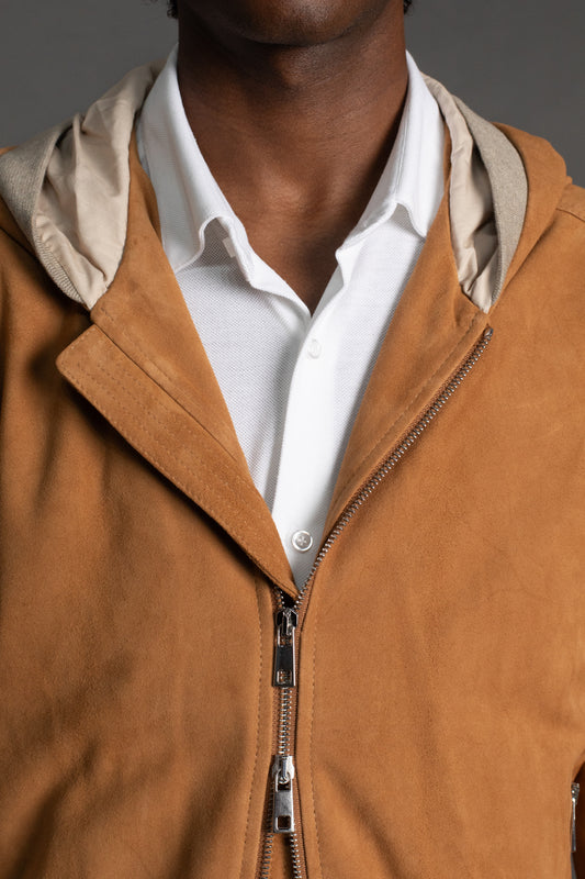 Jaqueta Chamois Com Capuz e Zíper Duplo - Tabaco