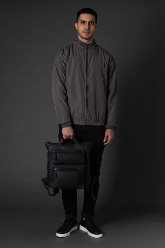 Jaqueta Gola Alta Com Zíper Embutido - Cinza Escuro