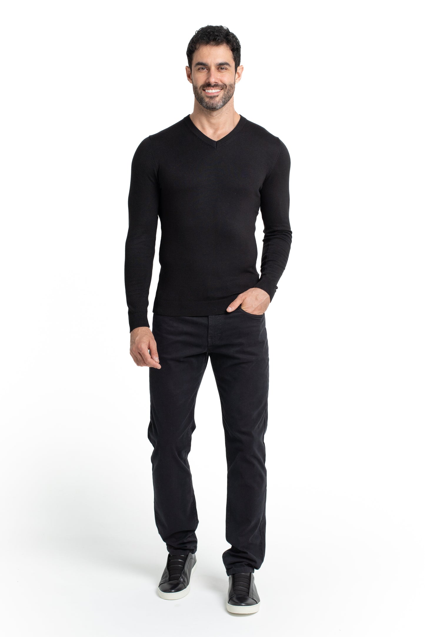 Malha Tricot Decote V Lisa - Preto